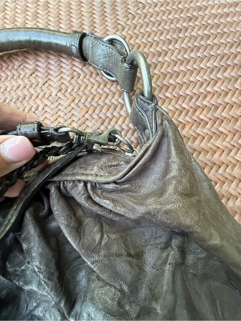 Juicy Couture Distressed Leather Hobo Bag Bronze Braided Strap Large Y2K
